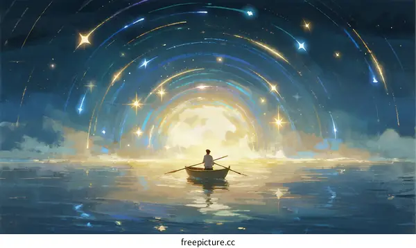 A Person Rowing Boat Under a Glowing Celestial Arch