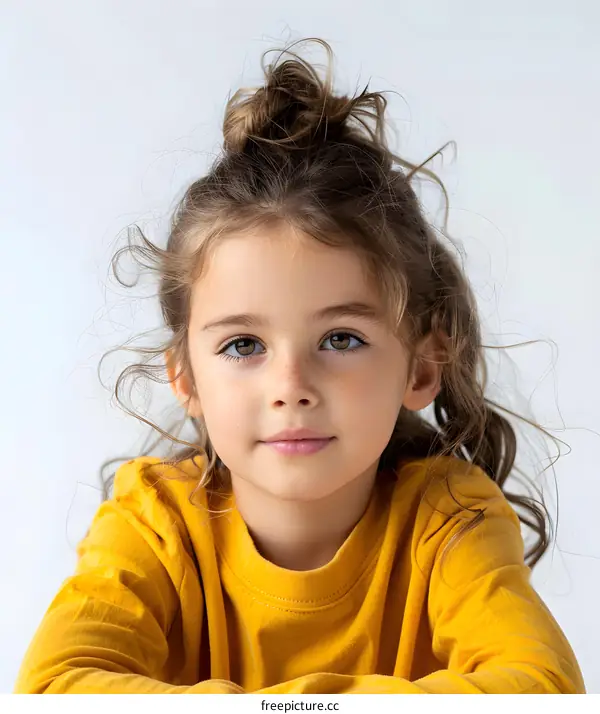 Portrait of a cute little girl with brown hair and freckles wearing a yellow shirt