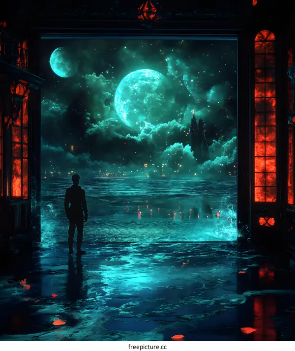 Silhouette of a Man Looking Out at a Fantasy Cityscape