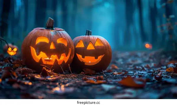 Two jack-o'-lanterns in a spooky forest