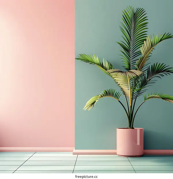 Minimalist Interior Design with Pink and Green Walls and a Tropical Plant