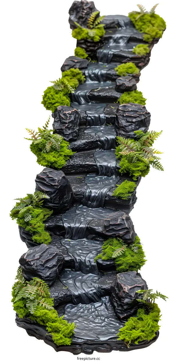 Black Stone Waterfall Decor with Moss and Ferns