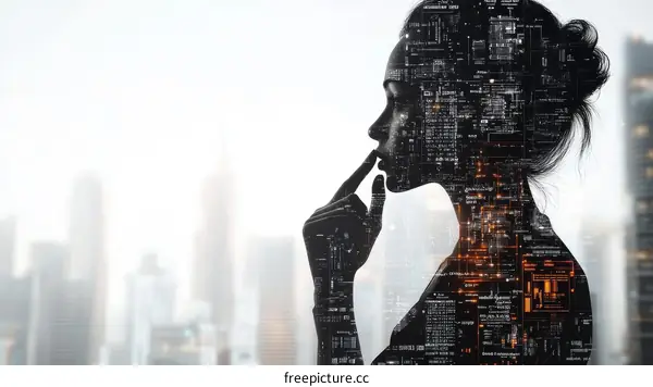 Digital Woman Silhouette with Cityscape Background