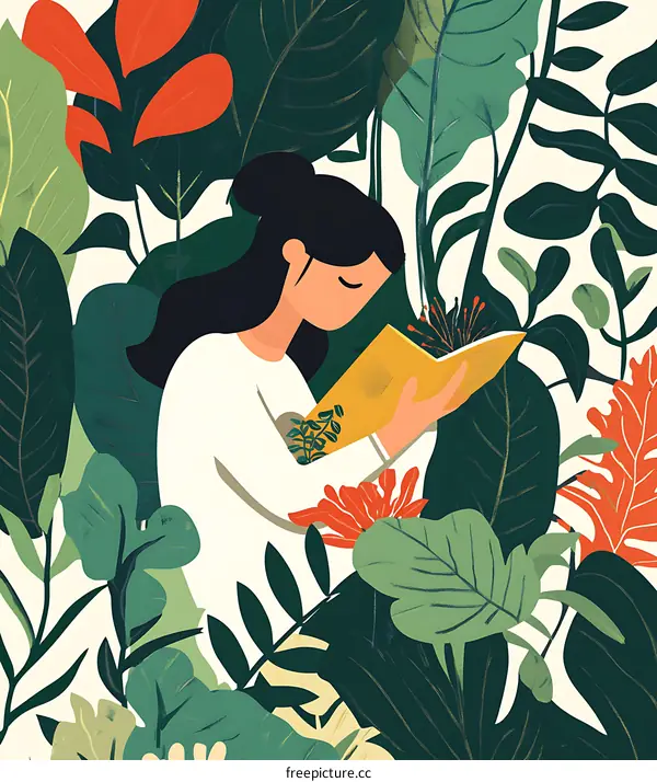 Woman Reading a Book Surrounded by Lush Green Tropical Plants