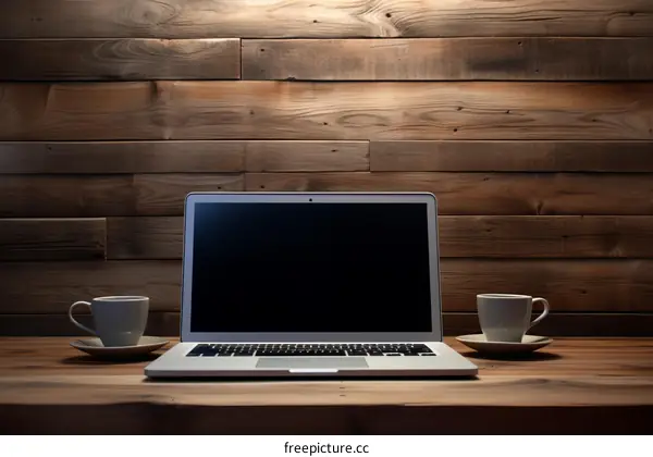 Laptop and Two Cups of Coffee on a Wooden Table