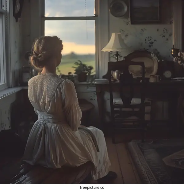 woman in white dress sitting on bench looking out window