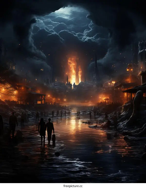 People walking in a flooded cityscape with a burning building in the background
