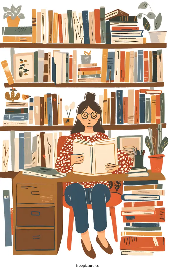Woman Reading In A Cozy Home Library