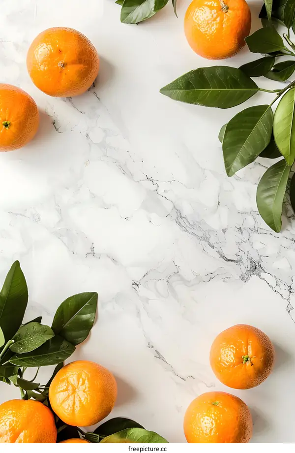Fresh Oranges with Green Leaves on White Marble Background