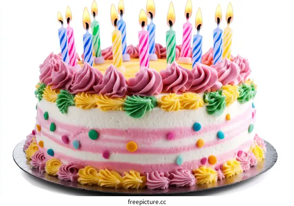 Birthday Cake with Colorful Candles and Frosting