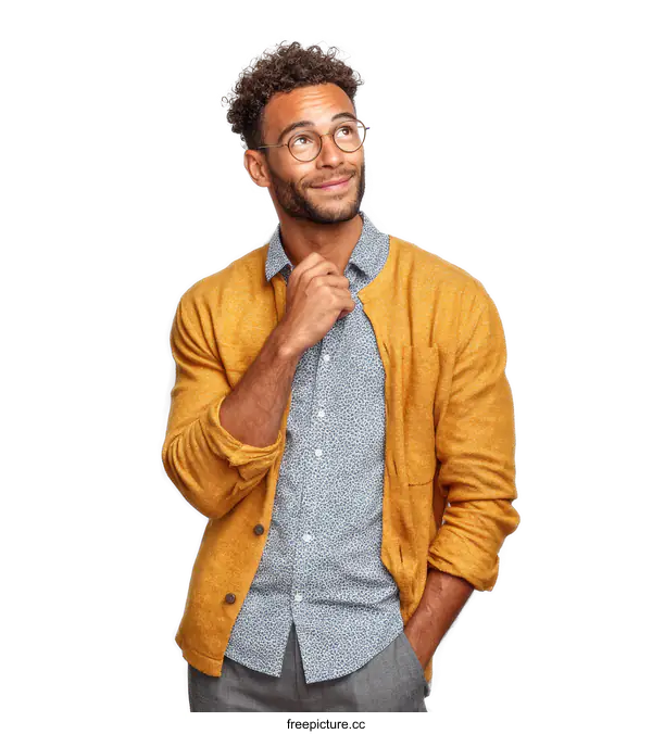[Transparent Background PNG]Thoughtful Man in Mustard Yellow Cardigan