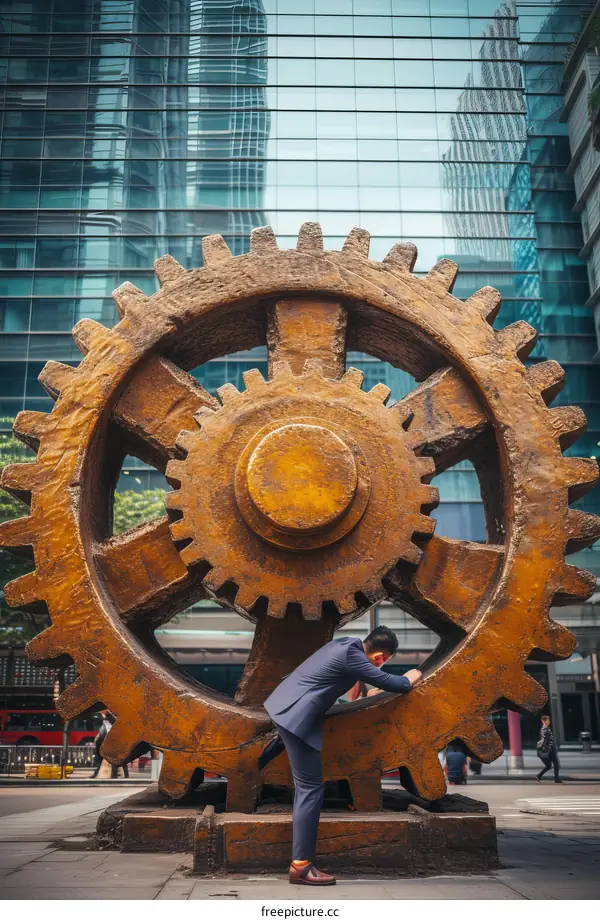 man in suit leaning against giant gear sculpture in city