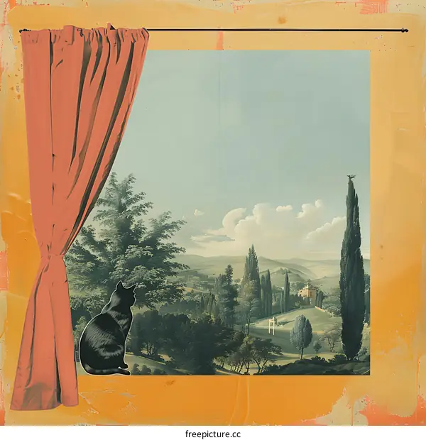 Black Cat Looking Out Window at Landscape Painting