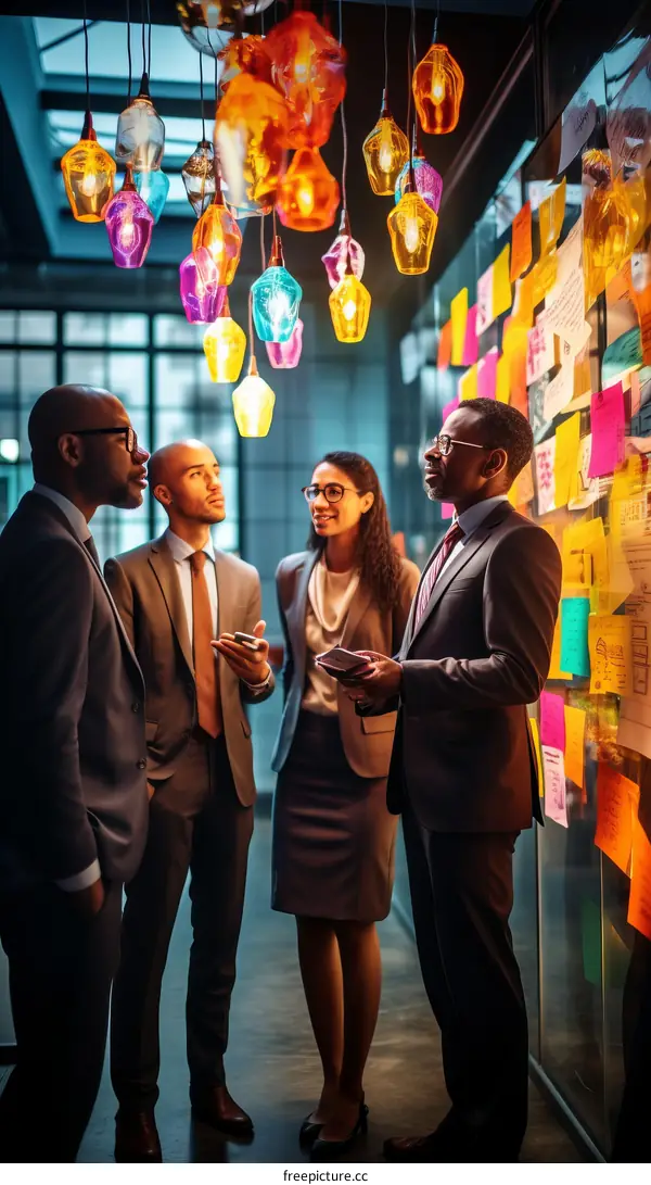 A group of people discussing a project in an office