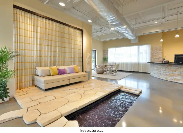 Modern Office Lobby with Water Feature
