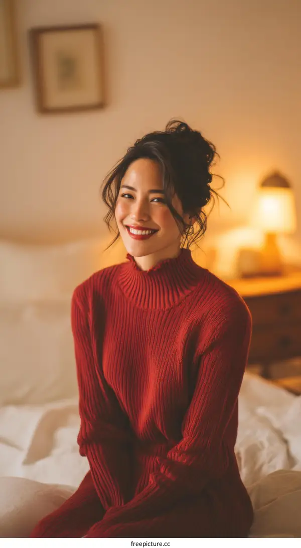 Smiling Woman in a Cozy Red Sweater