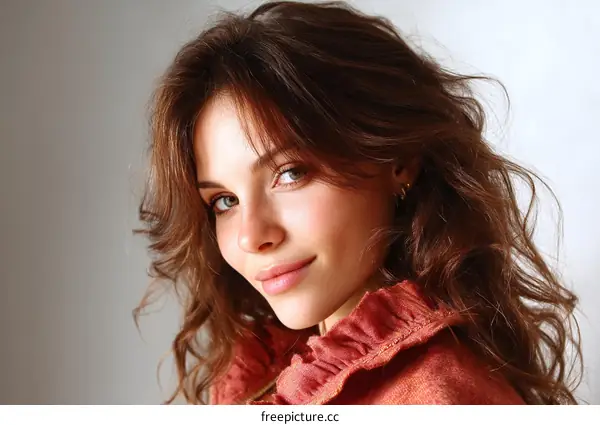 Close-up Portrait of a Caucasian Woman with Long Wavy Hair