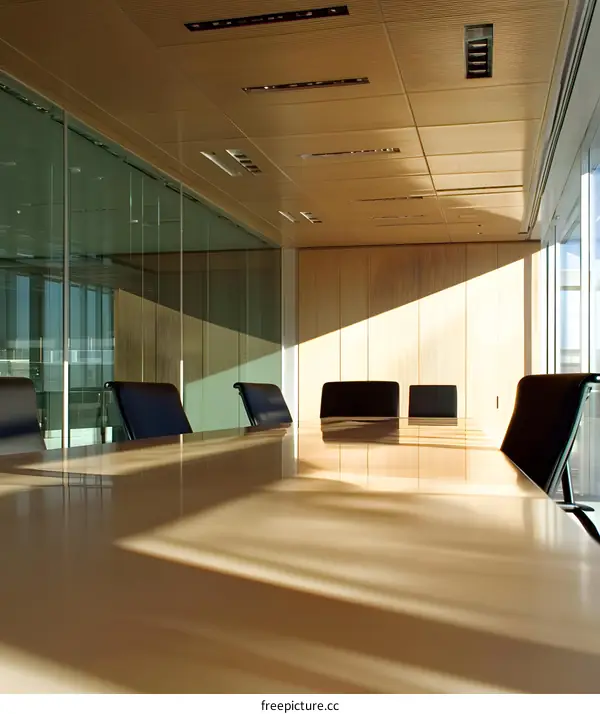 Modern Office Conference Room with Large Windows and Wooden Table