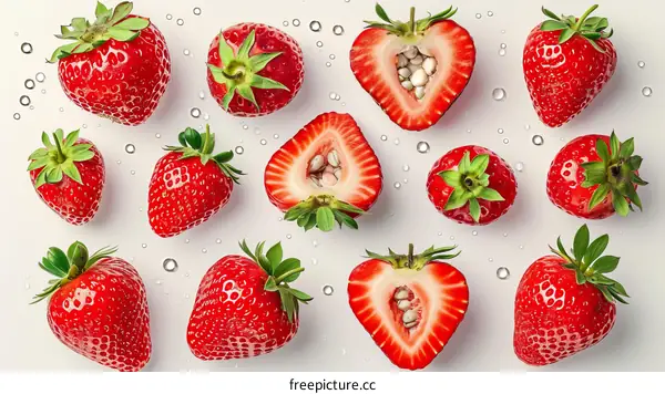 Fresh strawberries on white background with water drops