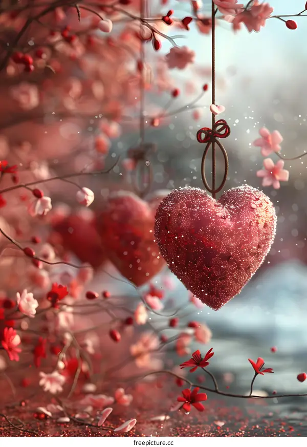 A red heart-shaped ornament hanging from a cherry blossom tree branch
