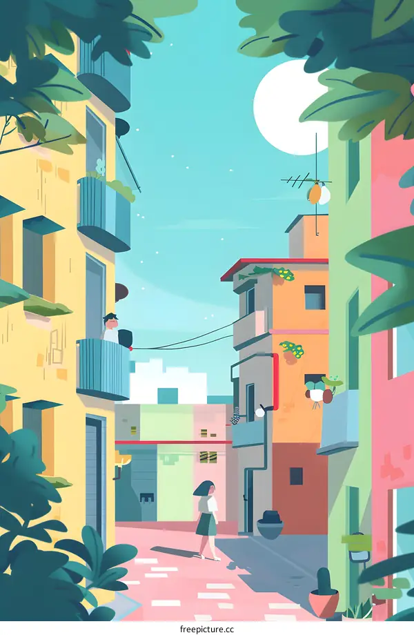 Walking Through a Colorful Alleyway in a City with Buildings and Plants