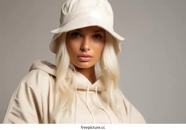 Portrait of a young blonde woman wearing a beige bucket hat and a matching hoodie