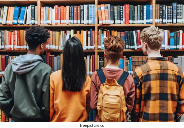 Four Students Looking at Books in Library