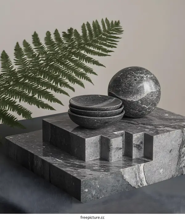Black Marble Stone Sphere and Dishes on a  Stacked Platform