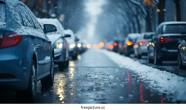 Snow Covered Street with Cars Parked Along Both Sides