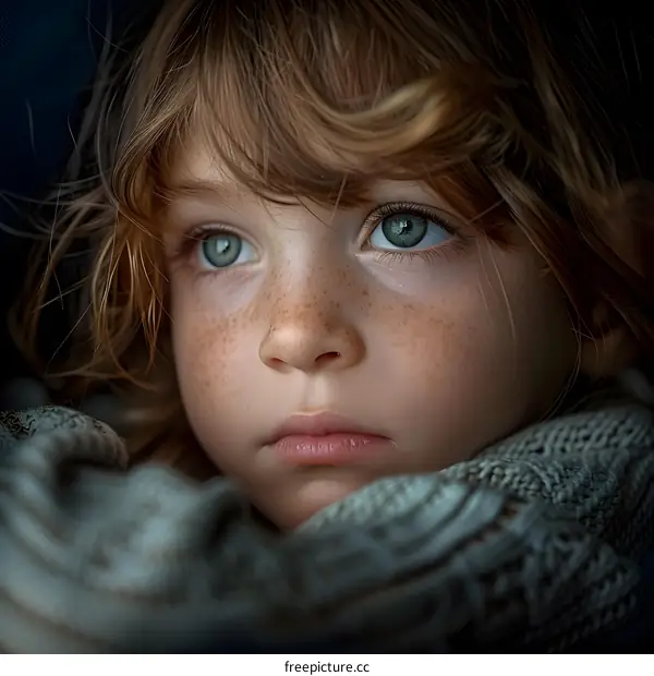 Portrait of a young girl with freckles and green eyes