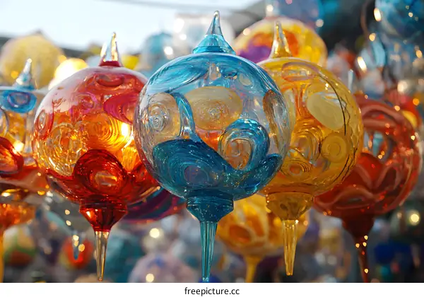 Close Up of Colorful Glass Ornaments with Swirls