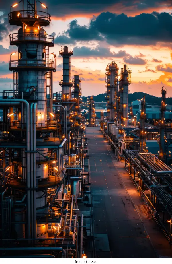 A large oil refinery with many pipes and towers at sunset