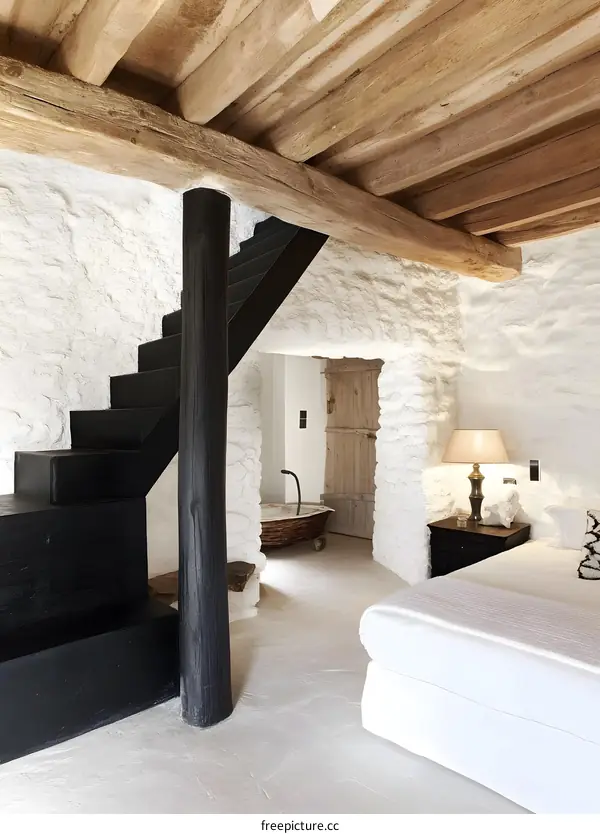 White Stone Wall Rustic Modern Bedroom Interior Design