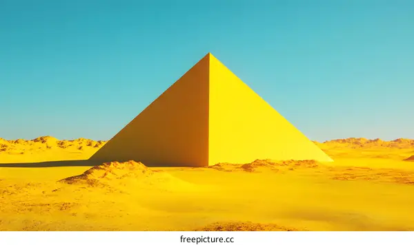 Yellow Pyramid in Desert Landscape Minimalist 3D Rendering