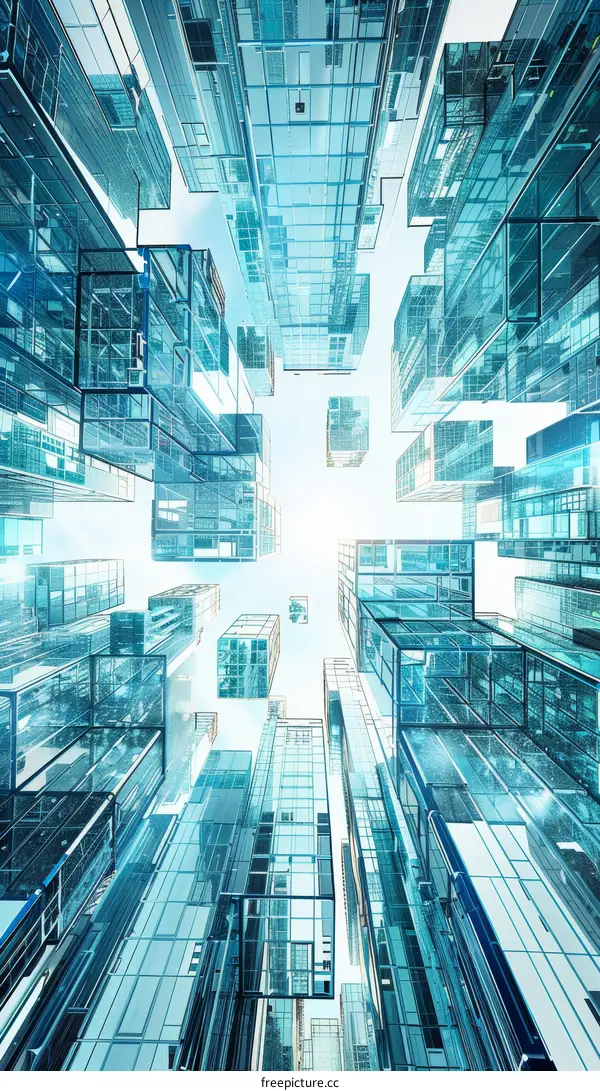 A futuristic city with skyscrapers made of glass and steel towering above