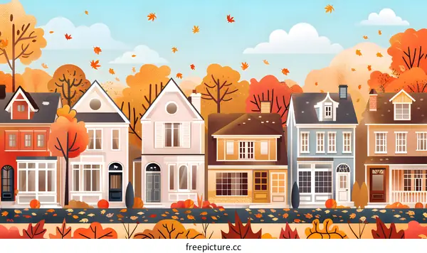Autumn Street with Colorful Houses and Falling Leaves