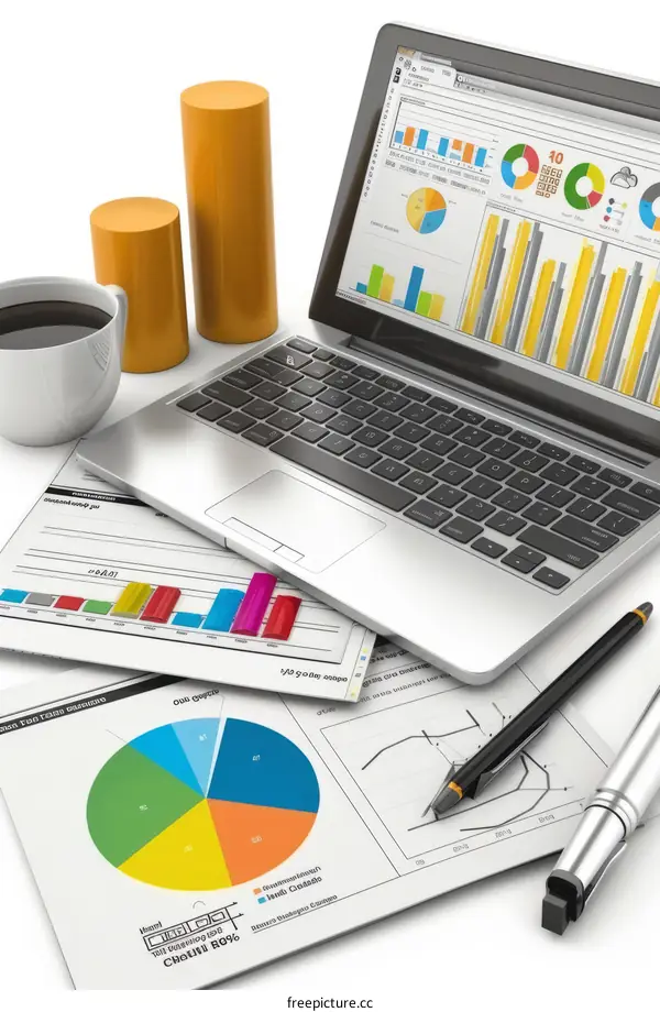 A desk with a laptop, coffee cup, pen, and papers with graphs and charts on them.