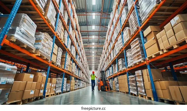 Warehouse worker walking with a forklift in a large distribution warehouse