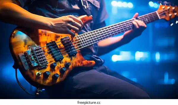 A musician playing an electric bass guitar on stage