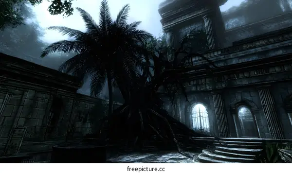 Ancient Ruins with a Twisted Tree in the Center