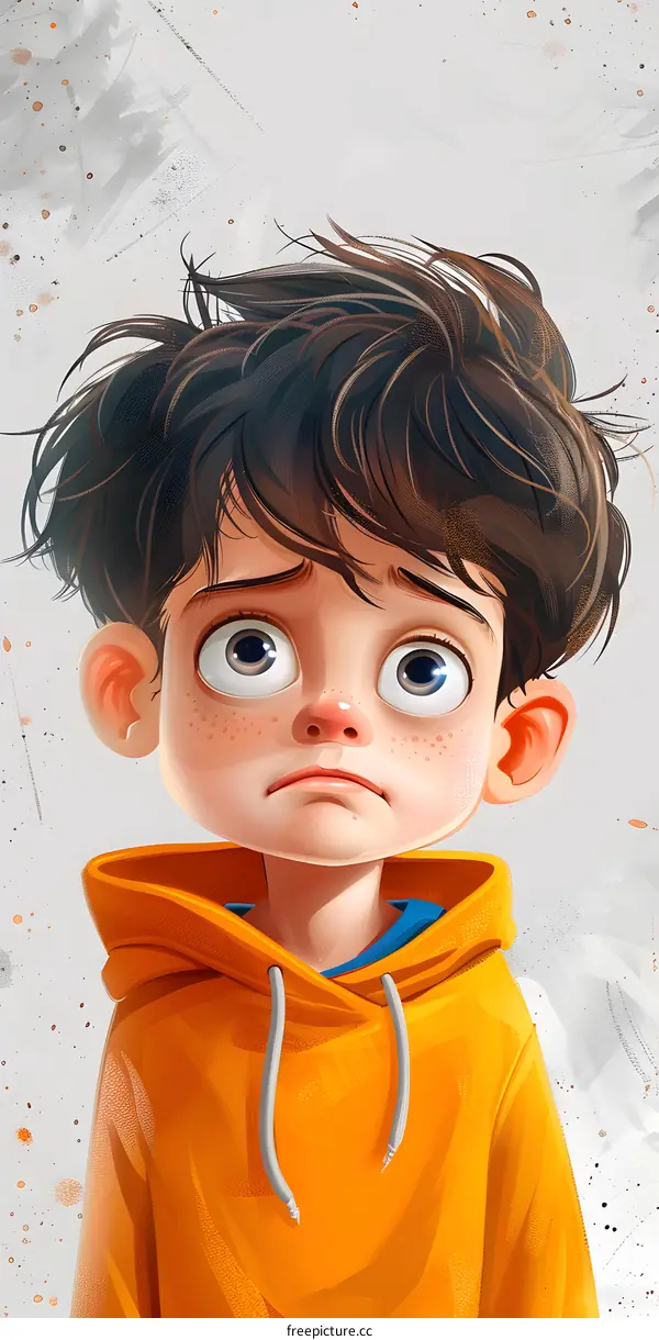 Sad Boy Cartoon Illustration with Orange Hoodie