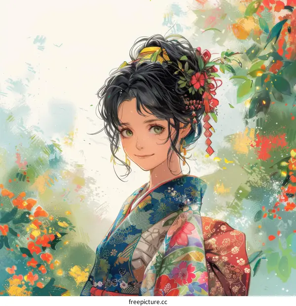 Cute Japanese School Girl in a Traditional Kimono