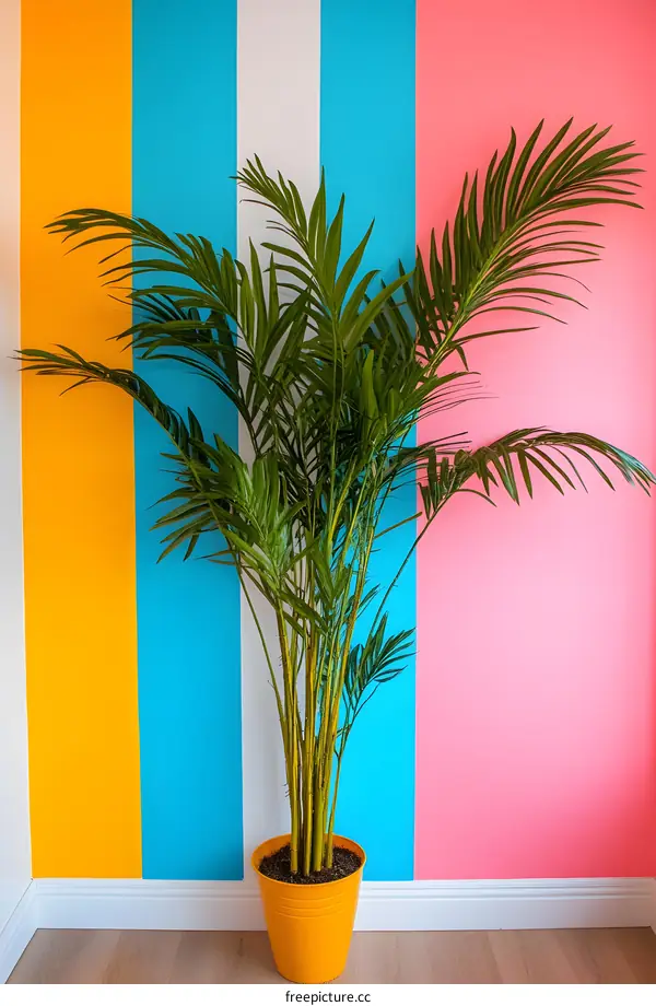 Tropical Plant in Yellow Pot Against Striped Wall