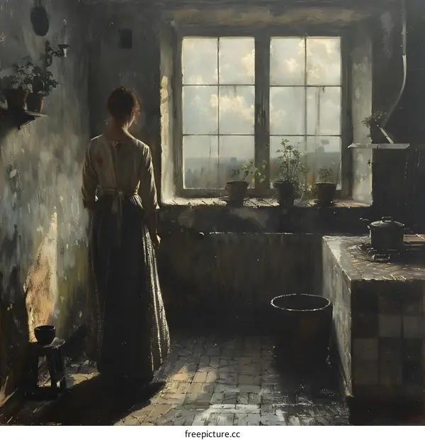 A woman standing in a kitchen looking out the window