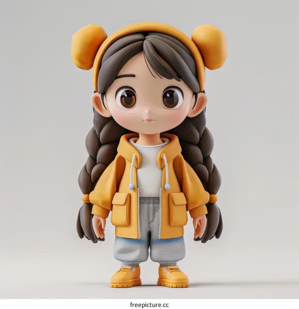 3D rendering of a cute anime girl with brown hair and big eyes wearing a yellow hoodie