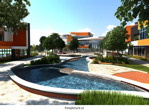 Modern Building Architecture With Water Feature