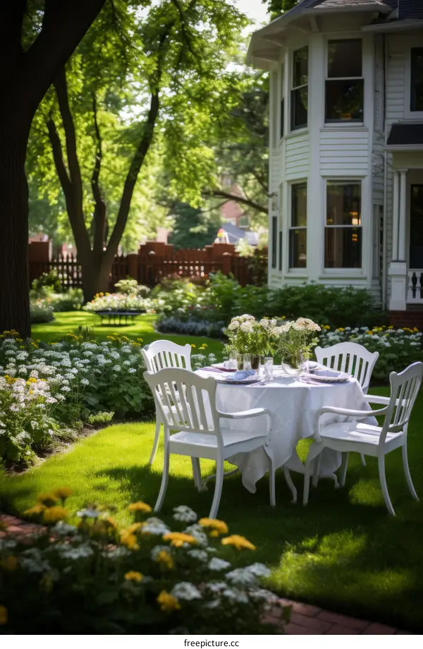 A beautiful garden with a table and chairs set for a party
