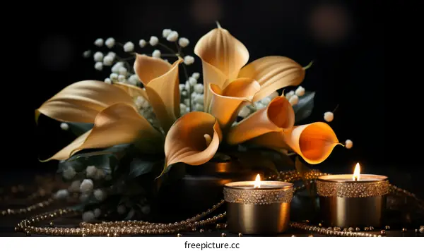 Stunning Orange Calla Lilies with Delicate Baby's Breath and Glowing Candles on a Dark Background