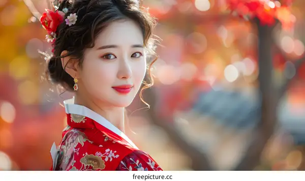 Portrait of a beautiful young Korean woman in traditional Korean dress, or Hanbok