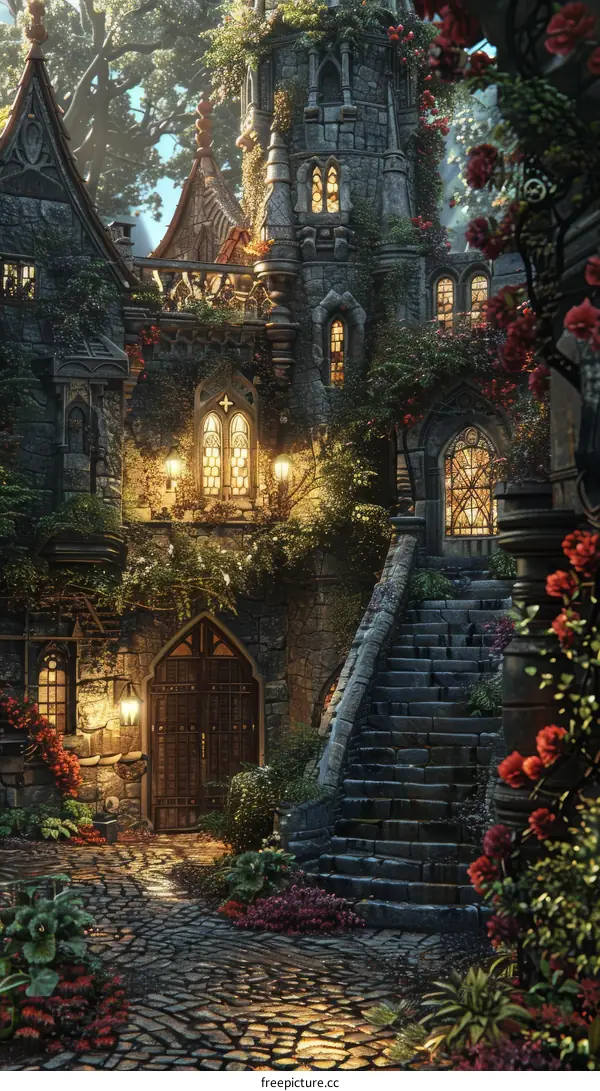 Mystical Medieval Castle with Tower and Garden